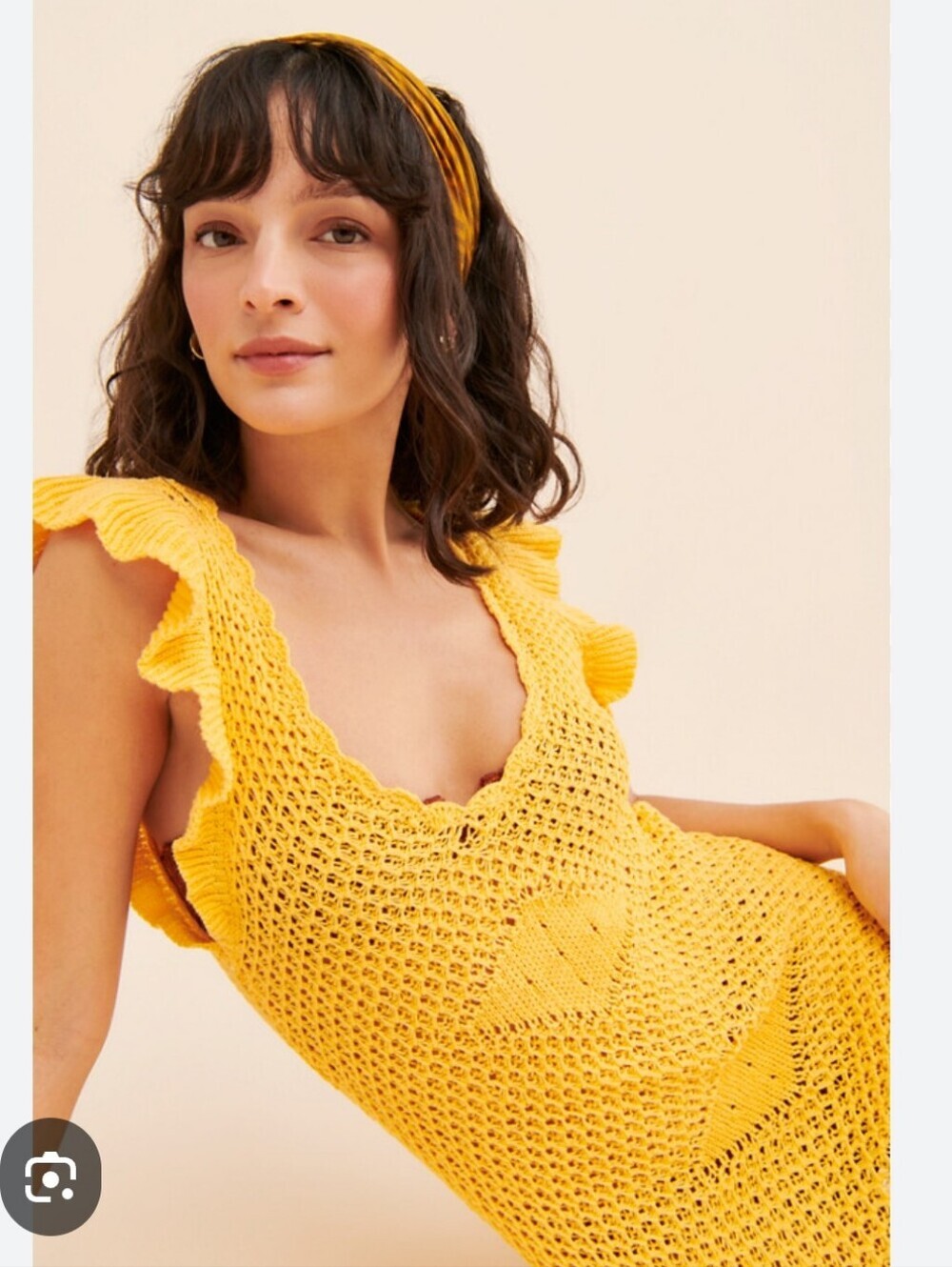FREE PEOPLE MYKONOS MINI KNITTED CROCHET YELLOW COVER-UP SIZE LARGE - Picture 2 of 16